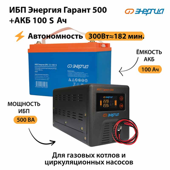 ИБП Энергия Гарант 500 + Аккумулятор S 100 Ач - 12В (300Вт - 182мин) - ИБП и АКБ - ИБП для котлов - магазин электрооборудования amperomvolt.ru
